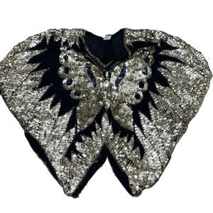 Vintage‎ 100% Black Silk Gold Sequin Butterfly Top Poncho Retro Disco Festival